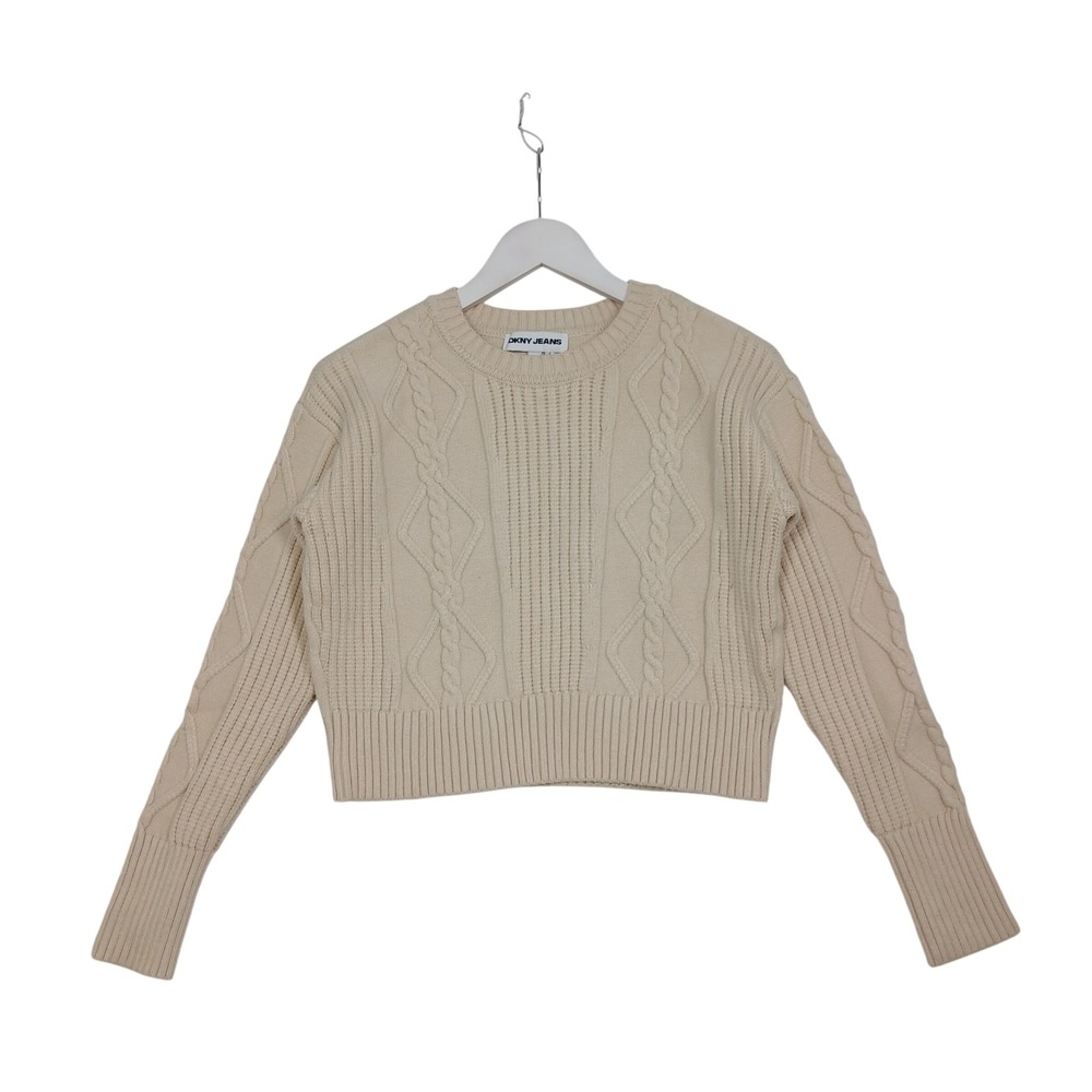 DKNY Jeans Cream Cable Knit Cropped Sweater DJSR0376 Ivory Crew Neck Medium